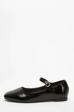 Quiz Pumps|Flats>Black Patent Faux Leather Flat Pumps