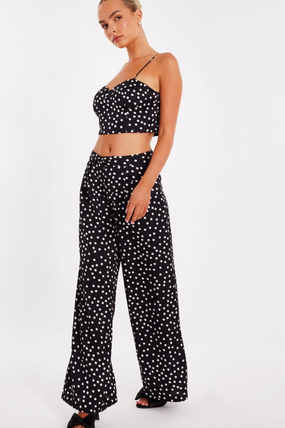 Quiz Going Out Tops|Crop Tops>Black Polka Dot Crop Top
