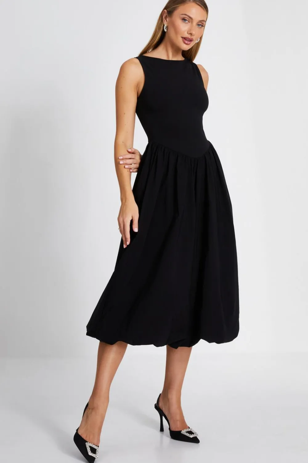 Quiz Midi Dresses|Going Out Dresses>Black Puff Ball Midi Dress