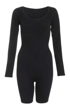 Quiz Playsuits|Playsuits>Black Ribbed Long Sleeve Playsuit