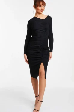 Quiz Midi Dresses|Going Out Dresses>Black Ruched Asymetric Midi Dress