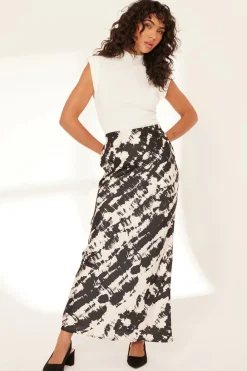 Quiz Skirts|Casual Clothing>Black Satin Aztec Print Midaxi Skirt