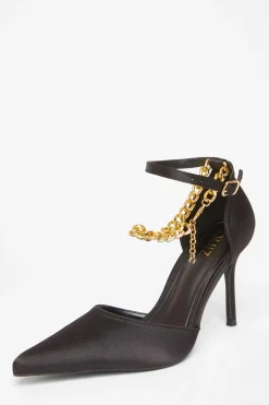 Quiz Occasion Shoes|Heels>Black Satin Chain Strap Court Heels