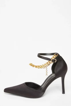 Quiz Occasion Shoes|Heels>Black Satin Chain Strap Court Heels