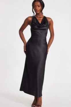 Quiz Christening Guest|Wedding Guest Dresses>Black Satin Cowl Neck Midaxi Dress