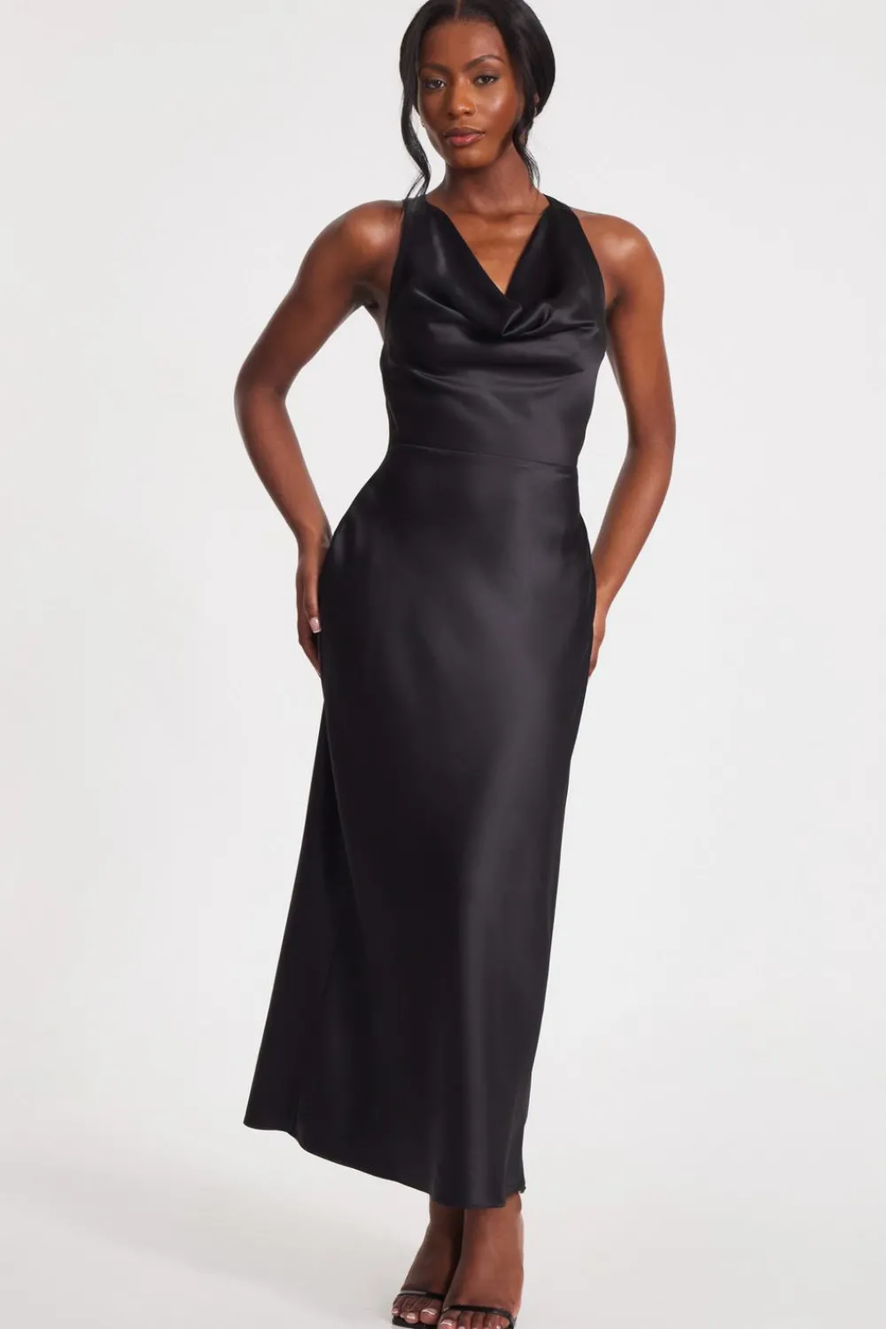 Quiz Christening Guest|Wedding Guest Dresses>Black Satin Cowl Neck Midaxi Dress
