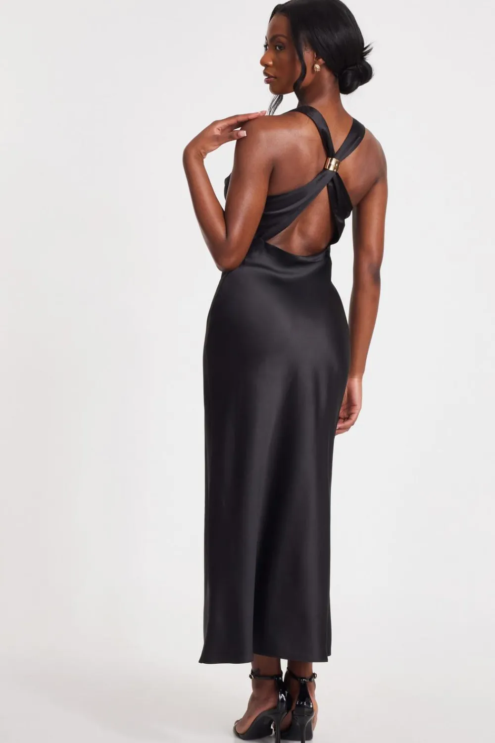 Quiz Christening Guest|Wedding Guest Dresses>Black Satin Cowl Neck Midaxi Dress