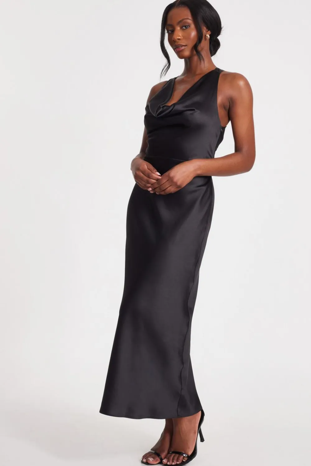 Quiz Christening Guest|Wedding Guest Dresses>Black Satin Cowl Neck Midaxi Dress
