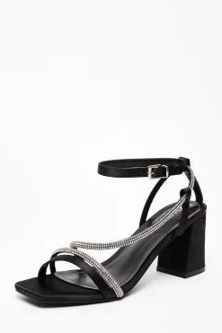 Quiz Occasion Shoes|Heels>Black Satin Diamante Heeled Sandal