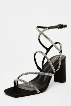 Quiz Sandals|Heels>Black Satin Diamante Strappy Heels