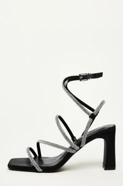 Quiz Sandals|Heels>Black Satin Diamante Strappy Heels