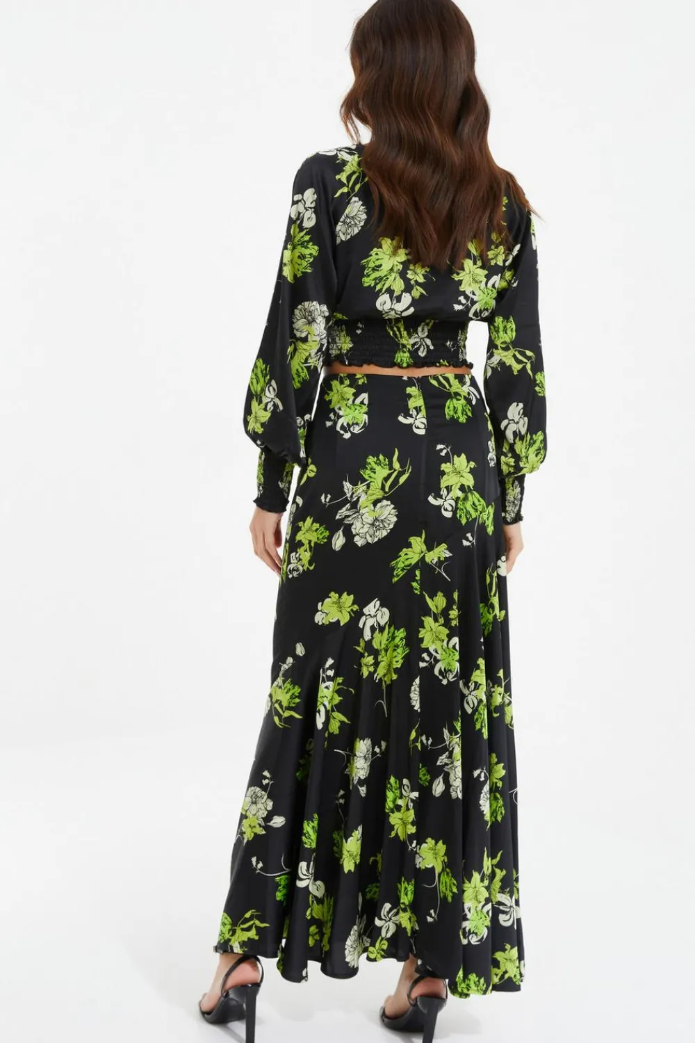 Quiz Skirts|Florals>Black Satin Floral Midaxi Skirt