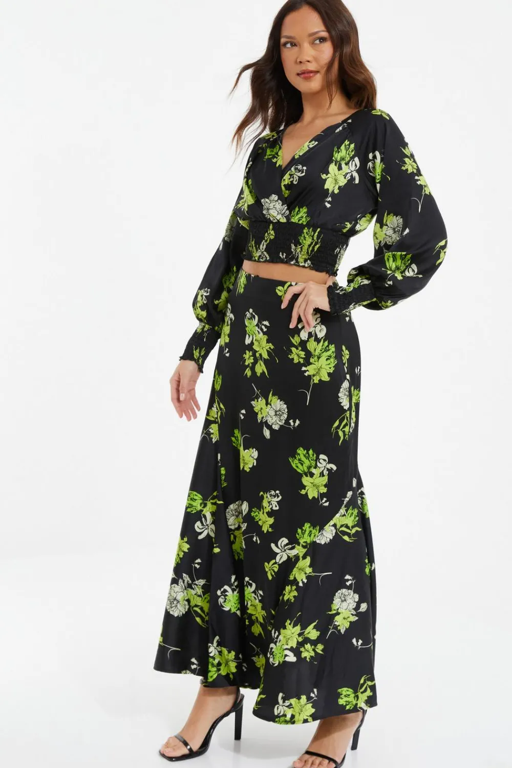 Quiz Skirts|Florals>Black Satin Floral Midaxi Skirt