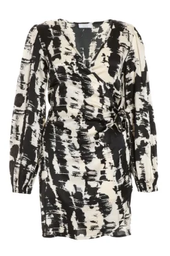 Quiz Wrap Dresses|Satin Dresses>Black Satin Marble Print Wrap Dress