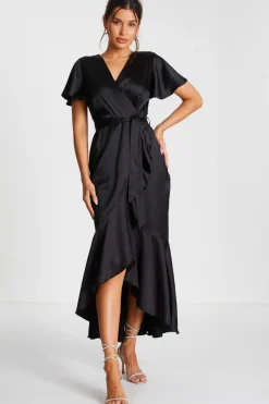 Quiz Evening Dresses|Christening Guest>Black Satin Wrap Midaxi Dress