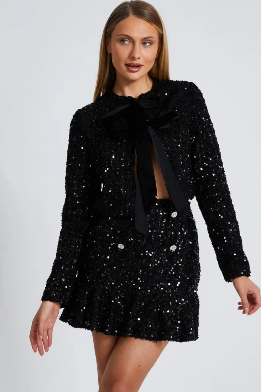 Quiz Christening Guest|Jackets & Coats>Black Sequin Boucle Cropped Jacket