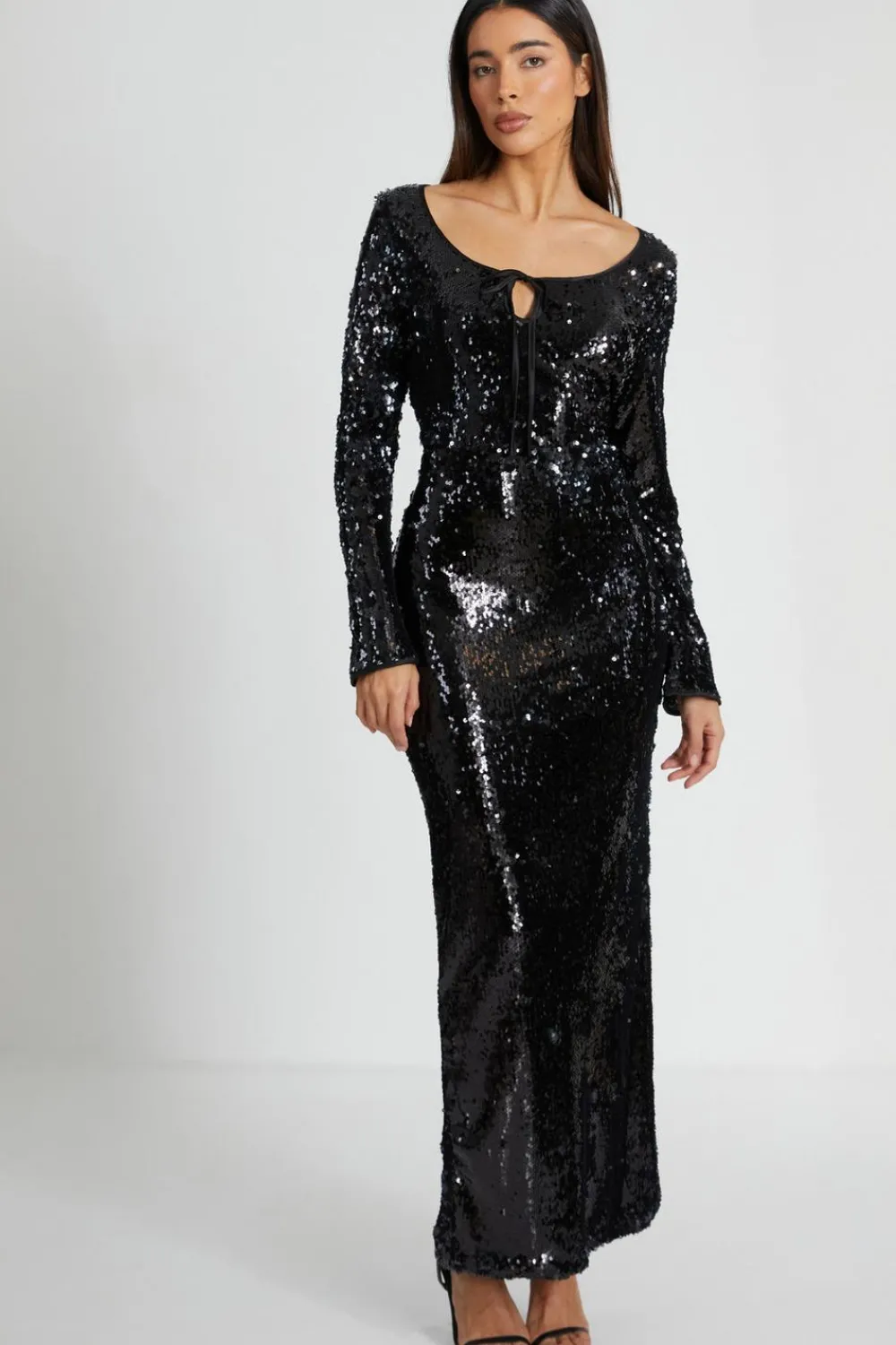 Quiz Prom & Ball|Evening Dresses>Black Sequin Tie Front Maxi Dress