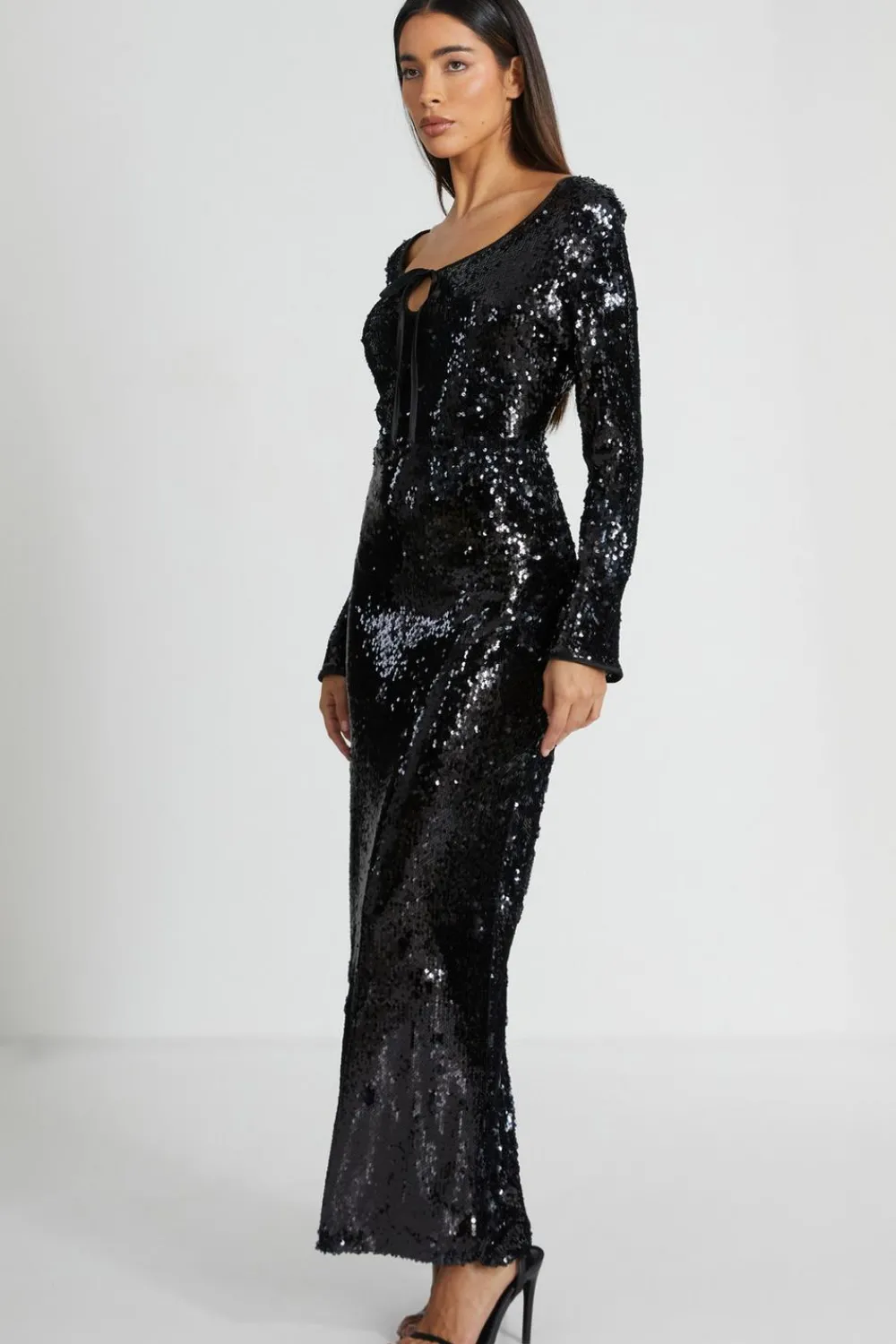 Quiz Prom & Ball|Evening Dresses>Black Sequin Tie Front Maxi Dress