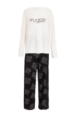 Quiz Nightwear>Black Slogan Pyjama Set