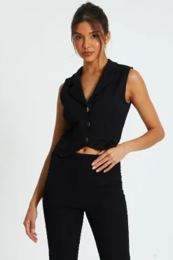 Quiz Waistcoat|Workwear>Black Textured Button Down Sleeveless Waistcoat
