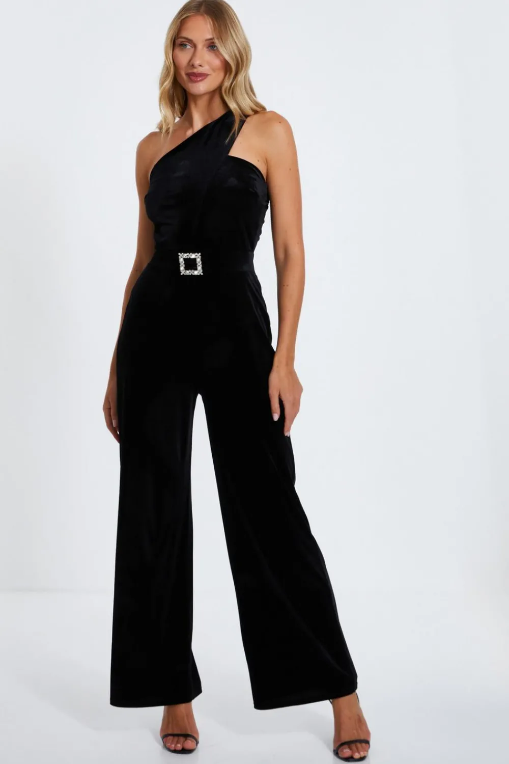 Quiz Going Out Jumpsuits|Black Jumpsuits>Black Velvet Asymmetric Jumpsuit