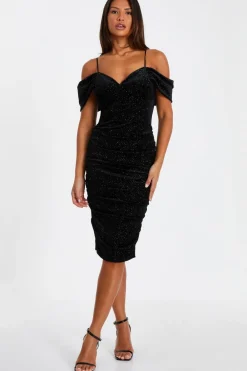 Quiz Evening Dresses|Occasion Dresses>Black Velvet Glitter Cold Shoulder Midi Dress