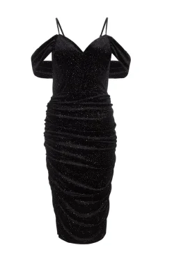 Quiz Evening Dresses|Occasion Dresses>Black Velvet Glitter Cold Shoulder Midi Dress