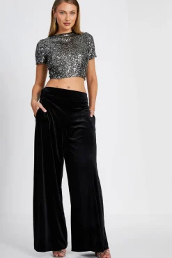 Quiz Workwear|Trousers>Black Wide Leg Velvet Trouser
