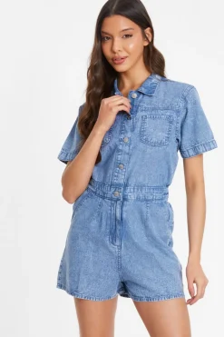 Quiz Summer Clothes>Blue Acid Wash Denim Playsuit