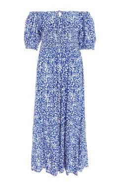Quiz Holiday|Summer Dresses>Blue Animal Print Bardot Midi Dress