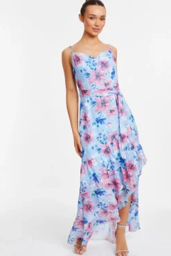Quiz Florals|Summer Dresses>Blue Chiffon Floral Ruffle Maxi Dress