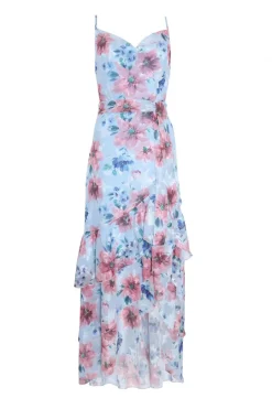 Quiz Florals|Summer Dresses>Blue Chiffon Floral Ruffle Maxi Dress