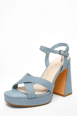 Quiz Platforms|Heels>Blue Denim Cross Strap Platform Heeled Sandals