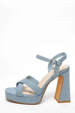 Quiz Platforms|Heels>Blue Denim Cross Strap Platform Heeled Sandals