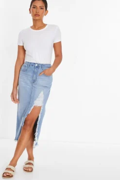 Quiz Summer Clothes|Skirts>Blue Denim Extreme Rip Midi Skirt