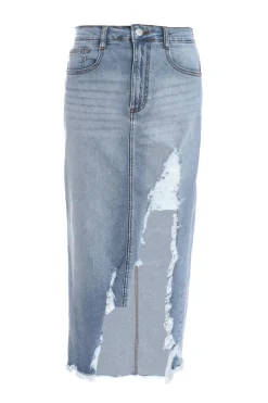 Quiz Summer Clothes|Skirts>Blue Denim Extreme Rip Midi Skirt