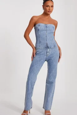 Quiz Summer Tops|Going Out Tops>Blue Diamante Denim Corset Top
