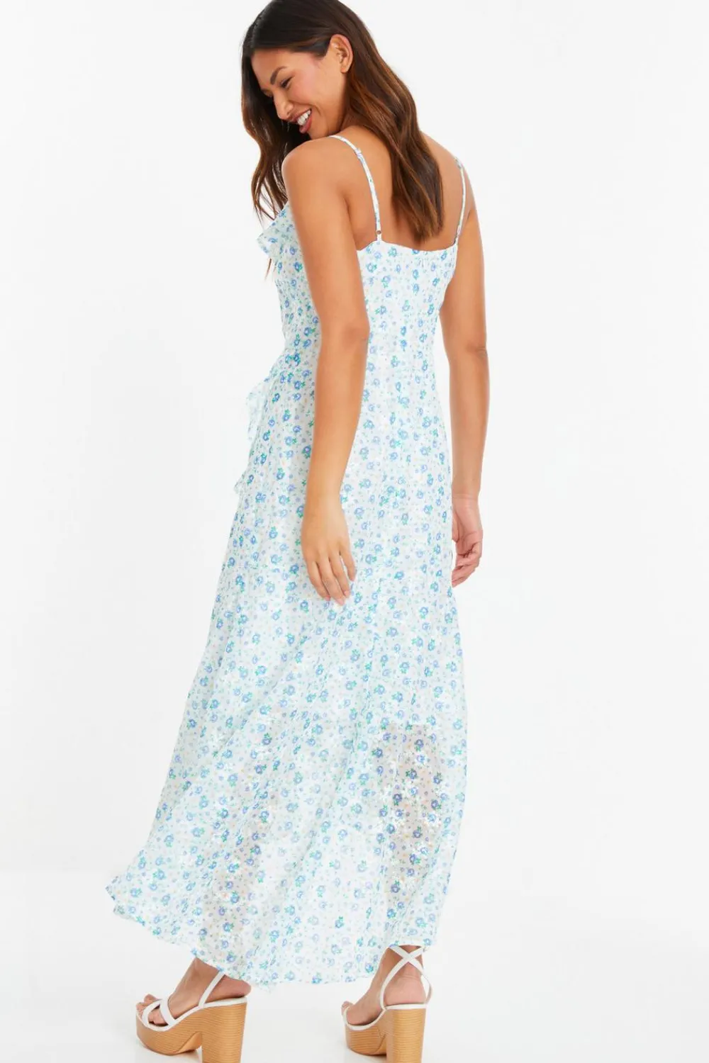Quiz Holiday|White Dresses>Blue Ditsy Print Chiffon Midaxi Dress