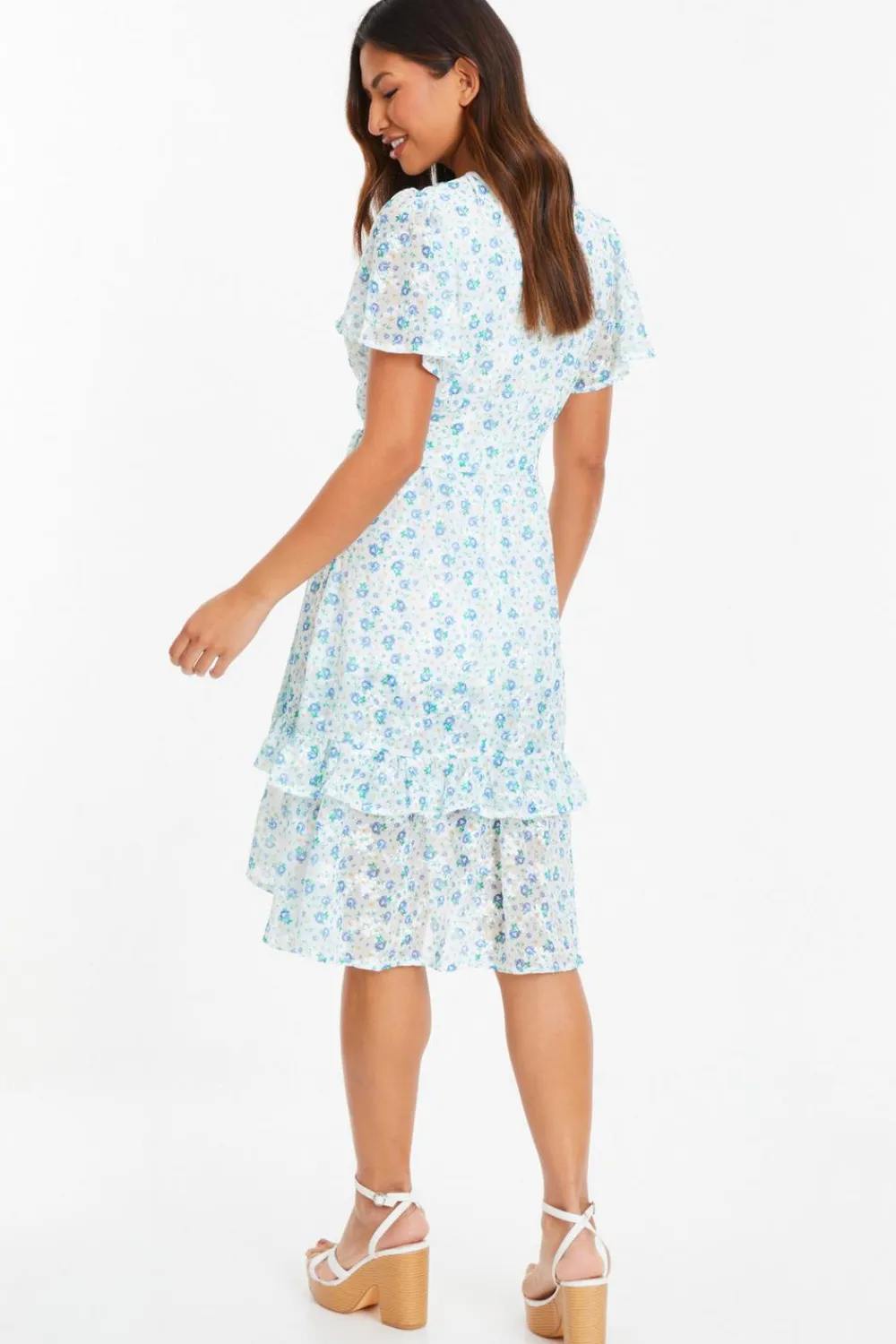 Quiz Holiday|Florals>Blue Ditsy Print Chiffon Wrap Midi Dress