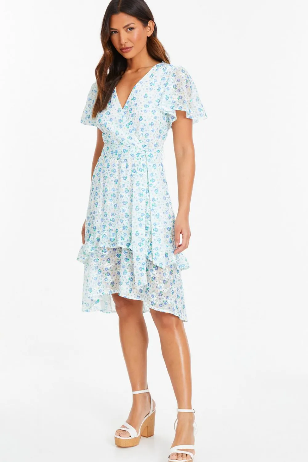Quiz Holiday|Florals>Blue Ditsy Print Chiffon Wrap Midi Dress