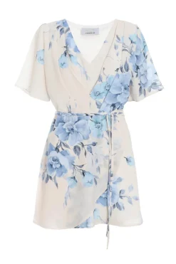 Quiz Playsuits|Playsuits>Blue Floral Print Wrap Tie Playsuit