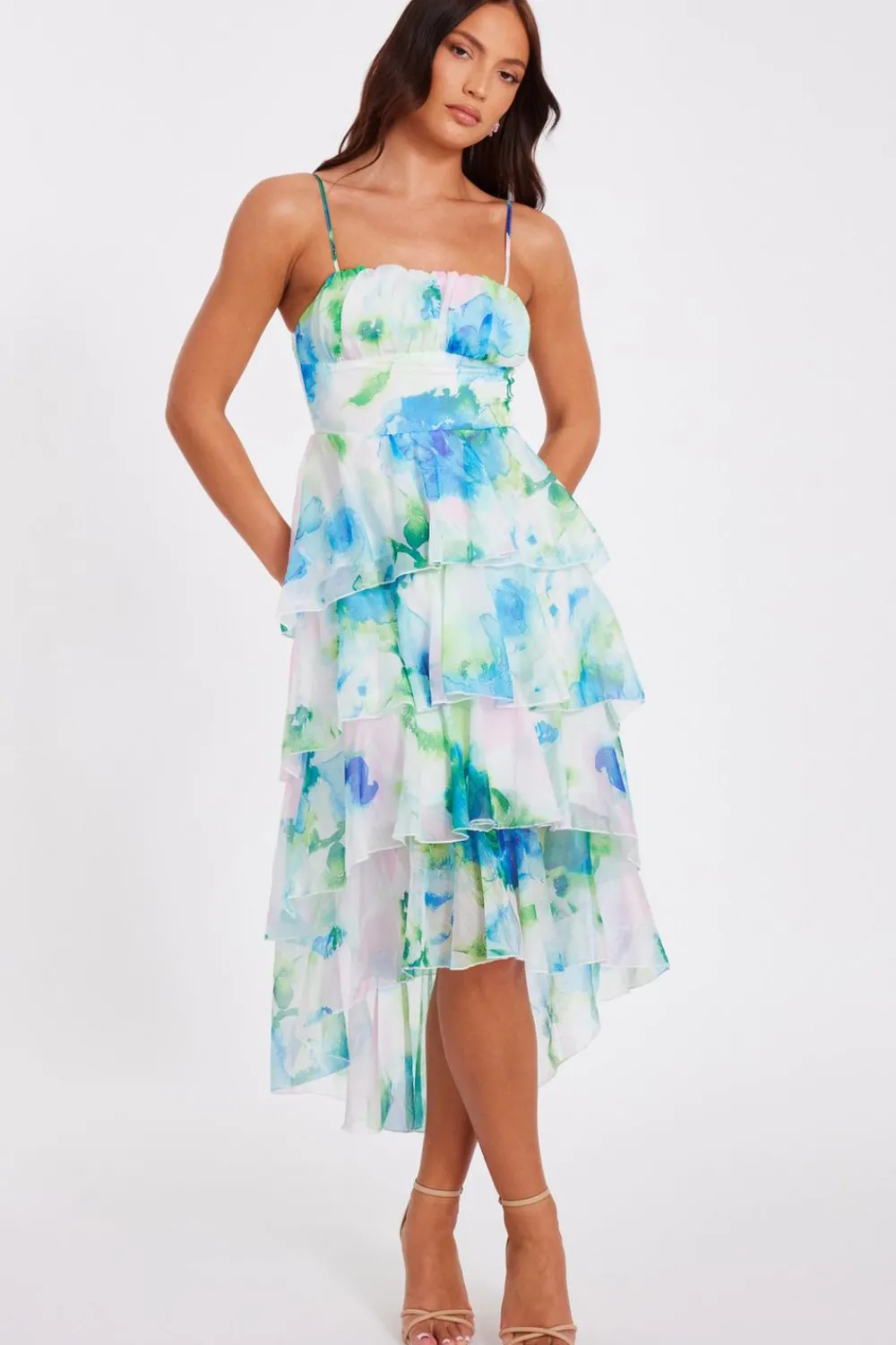 Quiz Day At The Races|Christening Guest>Blue Floral Tiered Midi Dress