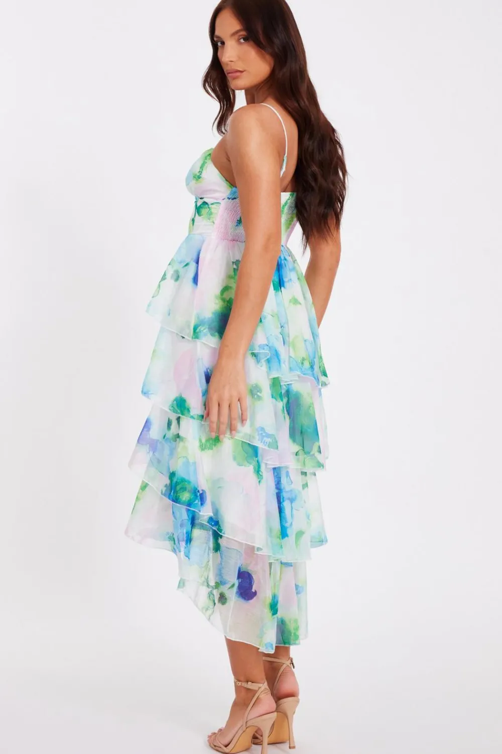 Quiz Day At The Races|Christening Guest>Blue Floral Tiered Midi Dress
