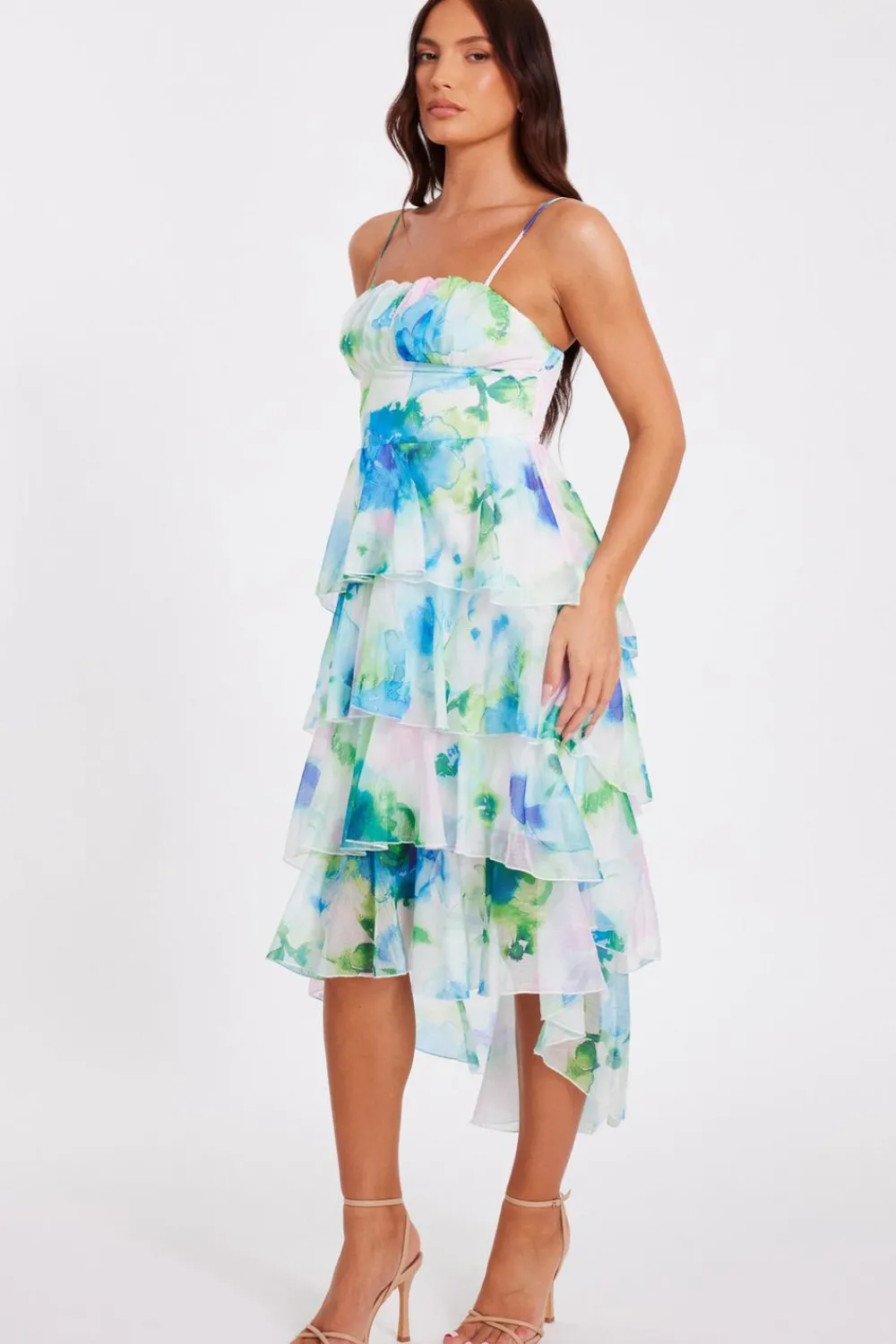 Quiz Day At The Races|Christening Guest>Blue Floral Tiered Midi Dress