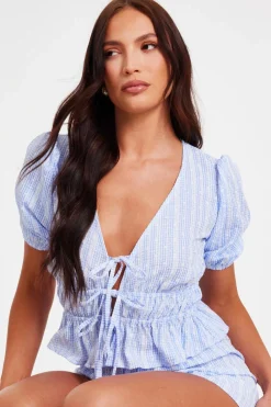 Quiz Summer Tops|Day Tops>Blue Gingham Crop Top