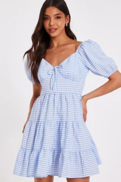 Quiz Summer Clothes|Holiday>Blue Gingham Puff Sleeve Dress