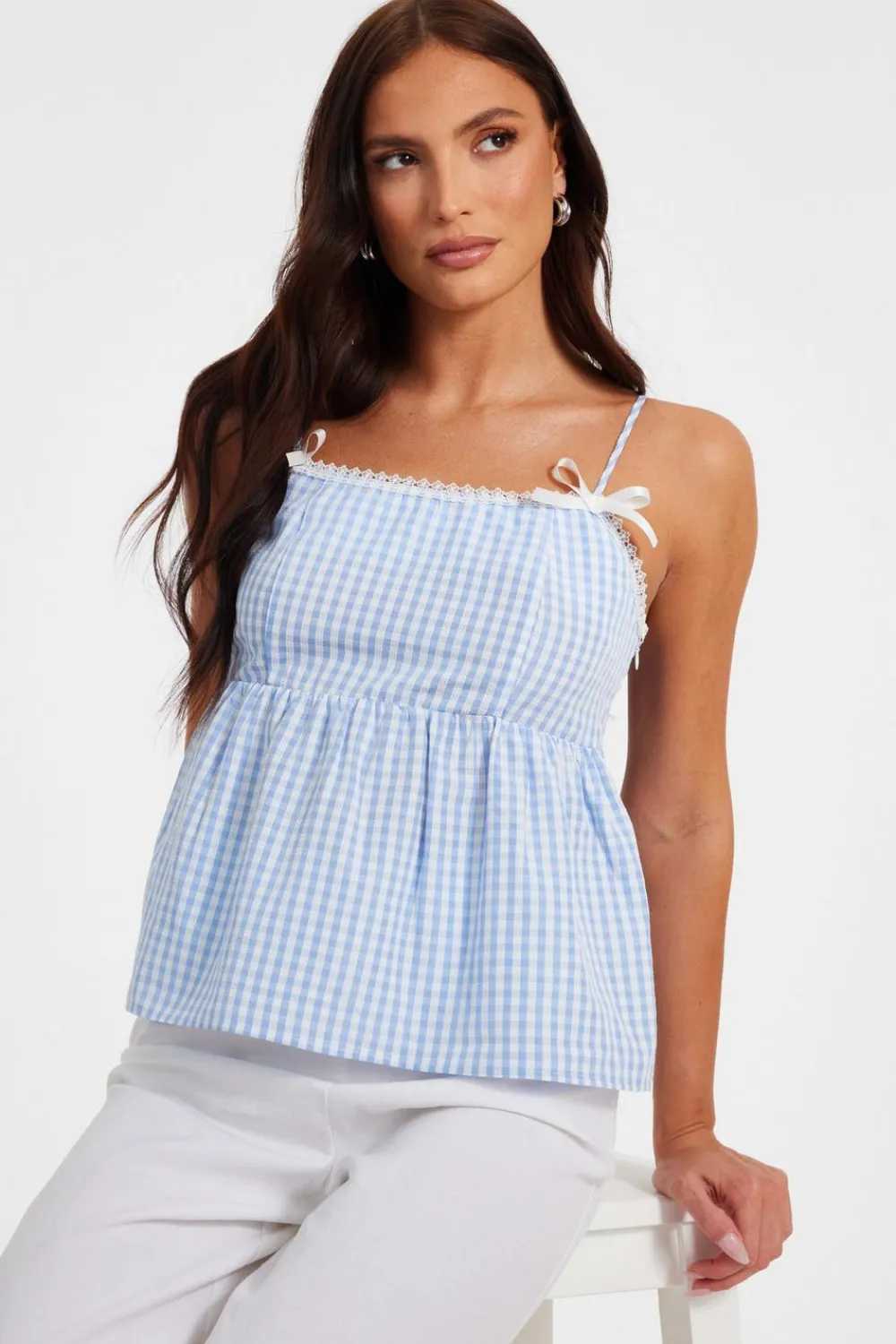 Quiz Summer Tops|Day Tops>Blue Gingham Strappy Peplum Top