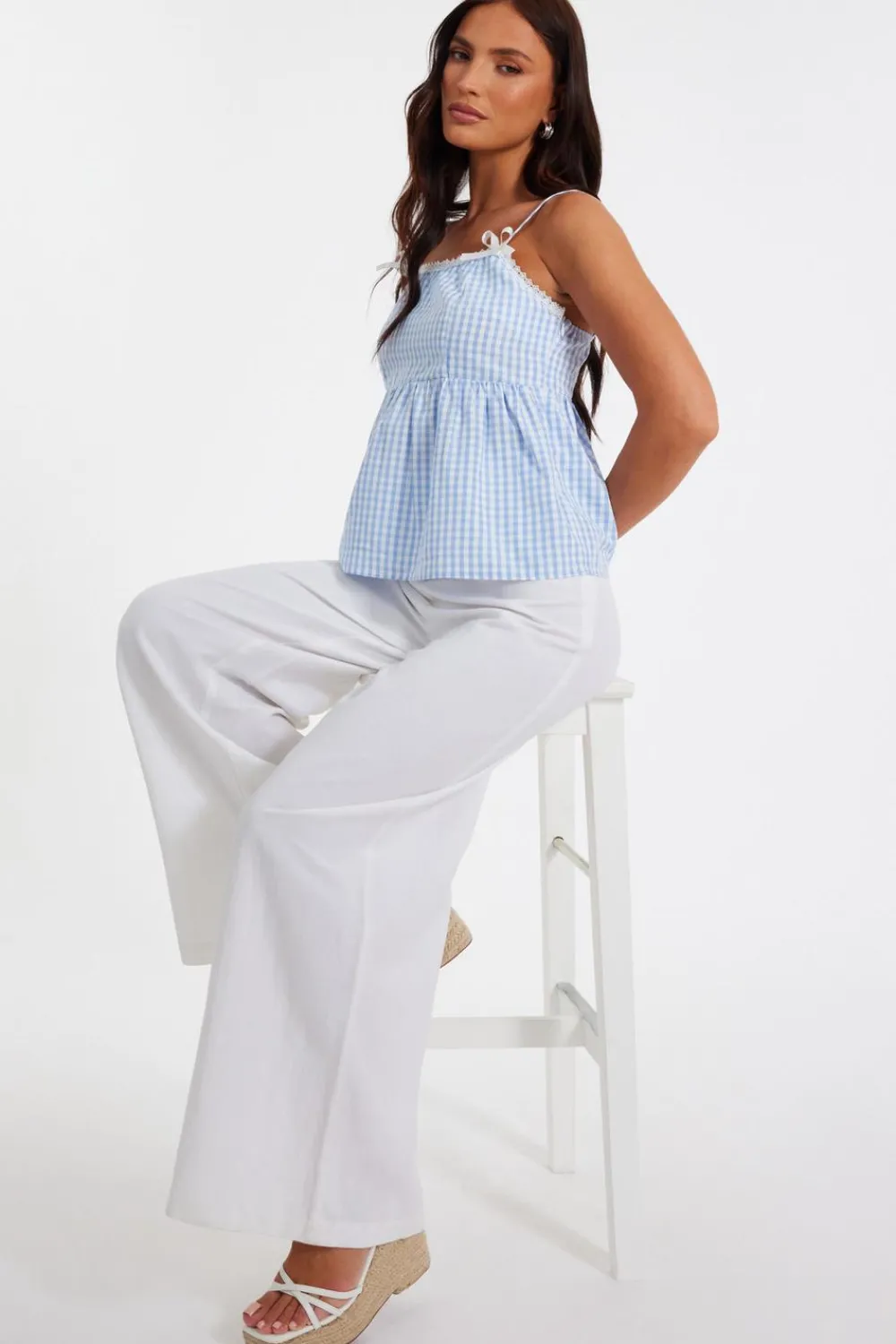 Quiz Summer Tops|Day Tops>Blue Gingham Strappy Peplum Top