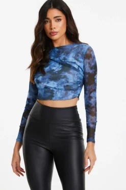 Quiz Going Out Tops|Crop Tops>Blue Marble Print Mesh Crop Top