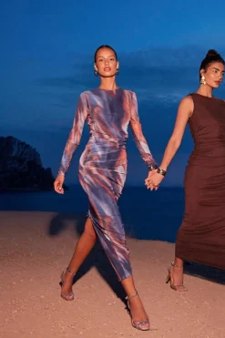 Quiz Maxi Dresses|Going Out Dresses>Blue Marble Print Mesh Midaxi Dress